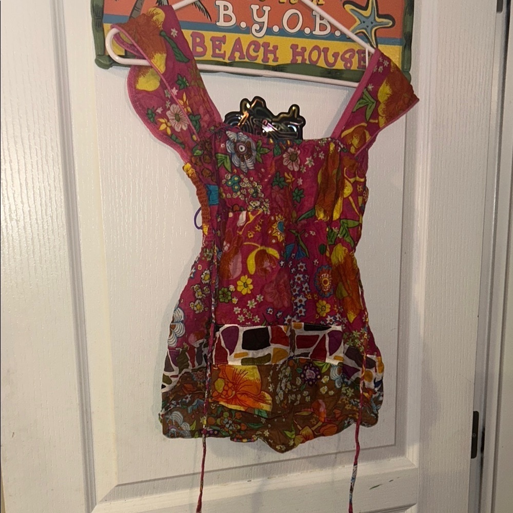 100% cotton Floral Pink Women's colorful summer vintage top ruffle sleeve - Picture 5 of 14